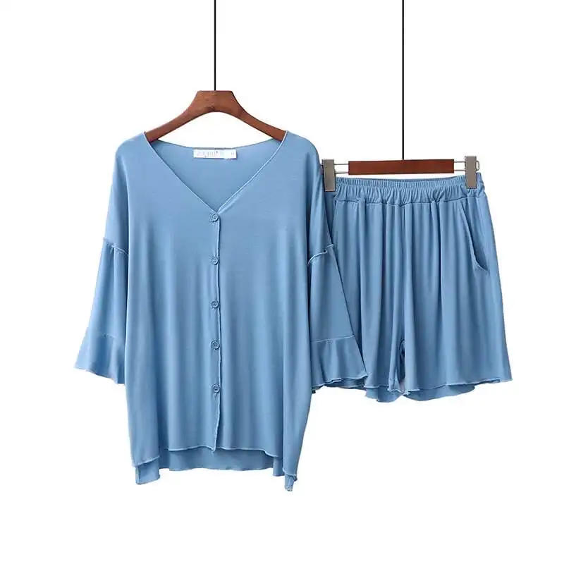 New Summer Pajamas Female Pure Cotton Short sleeve mid shorts Lotus leaf Pyjamas Large Size Spliced Home Suit | Женская одежда
