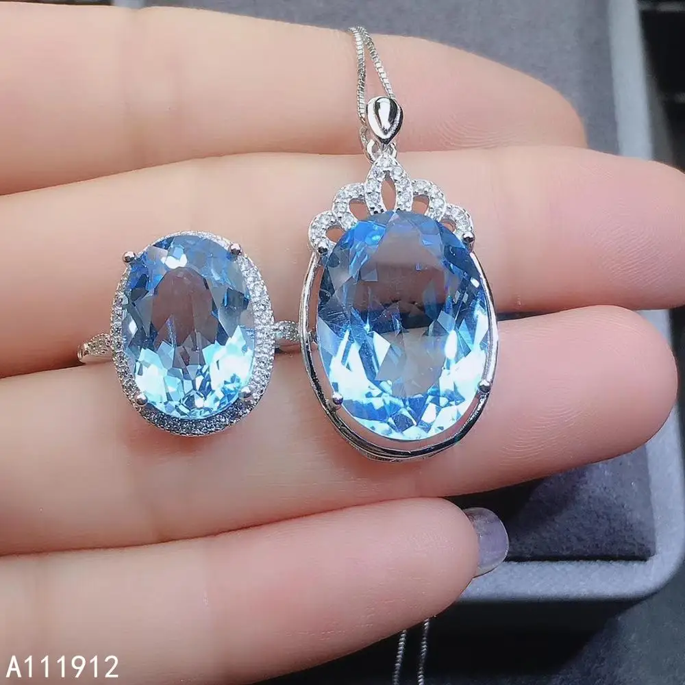 KJJEAXCMY fine jewelry natural blue topaz 925 sterling silver women pendant necklace chain ring set support test beautiful