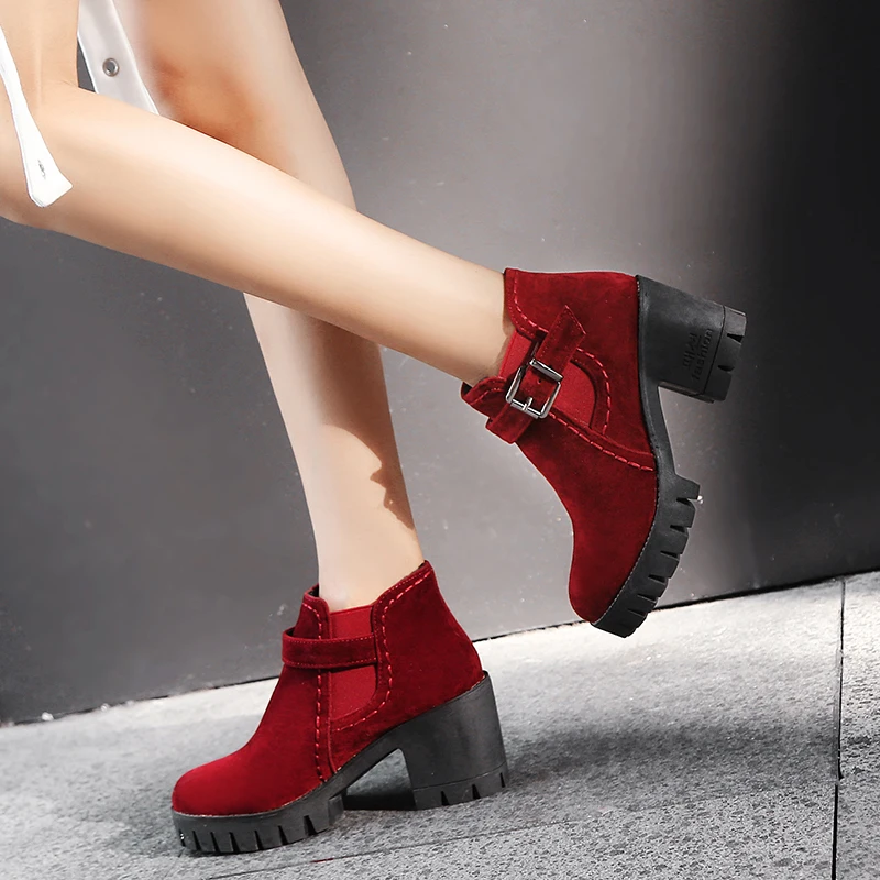2019 г. Новые зимние толстые ботильоны женские ботинки красные Модные на высоком