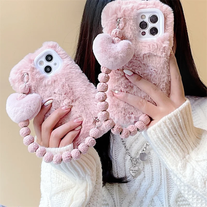 

Меховой чехол с браслетом Love Heart для iPhone 13, 12 Pro Max, 11, 10, X, 10, 7, 8 Plus, XR, XS Max, плюшевый пушистый чехол-накладка для телефона, чехлы