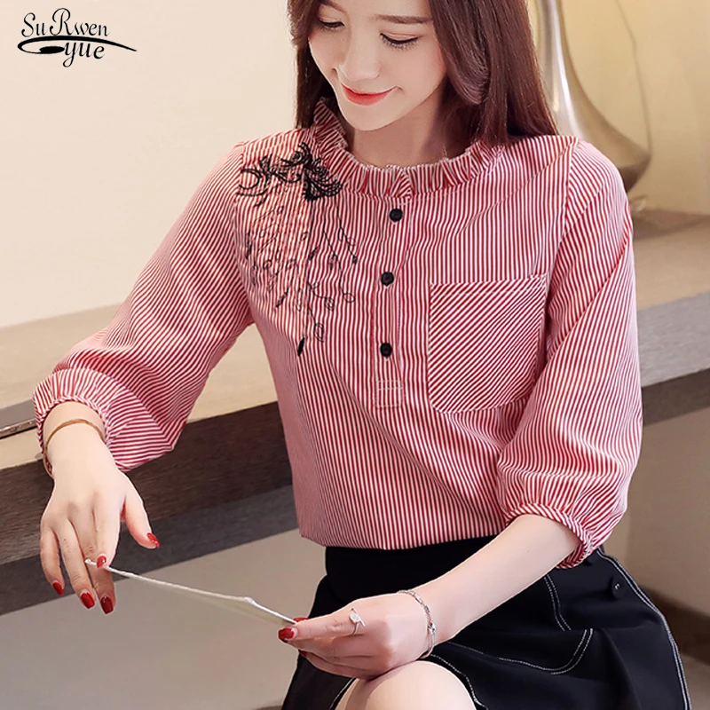 Blusas Mujer женские блузки 2021 вышитые полосатые рубашки 3/4 рукавами блуза из шифона с