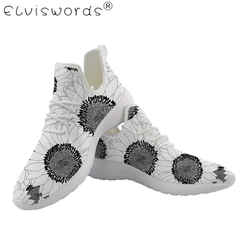 ELVISWORDS/черно белые весенне осенние парные кроссовки с принтом подсолнуха