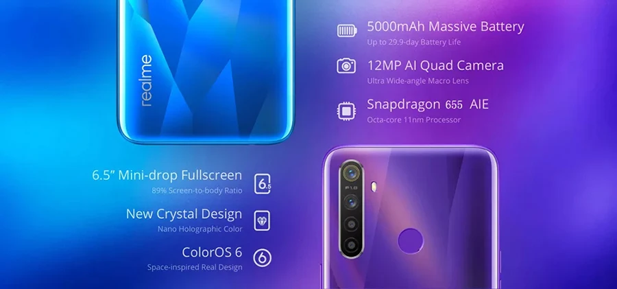EU версия OPPO Realme 5 6,5 ''3/4 ГБ Оперативная память 64/128 ГБ Встроенная память Snapdragon 665 AIE Восьмиядерный 5000 мА/ч, 12MP+ 13MP Quad камеры мобильного телефона