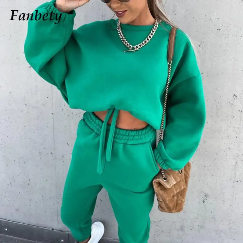 

Женский однотонный костюм на шнуровке, Модная элегантная толстовка с круглым вырезом и длинные брюки, теплый костюм из 2 предметов, уличная ...