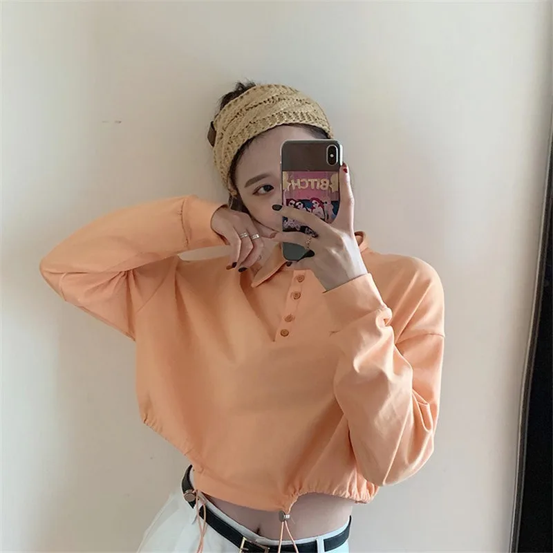 

2021 New Chic Drawstring Stylish High Street Fresh Sweet Female Elegant Casual All Match Loose Short Pullovers Shirts Black Top