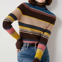 autumn and winter new color striped pile collar shirt womens slimming long sleeved sweater tight fitting turtleneck sweater