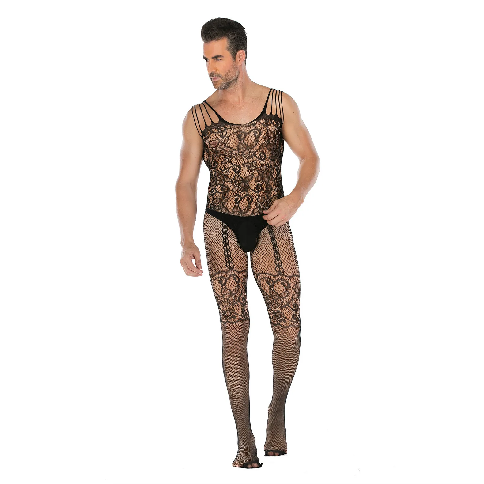 

Men Soft Transparent Nylon Jumpsuit Sexy Lingerie Mesh Fabric Lace Bodysuit Erotic Crotchless Shaping Leotard Fishnet Stockings