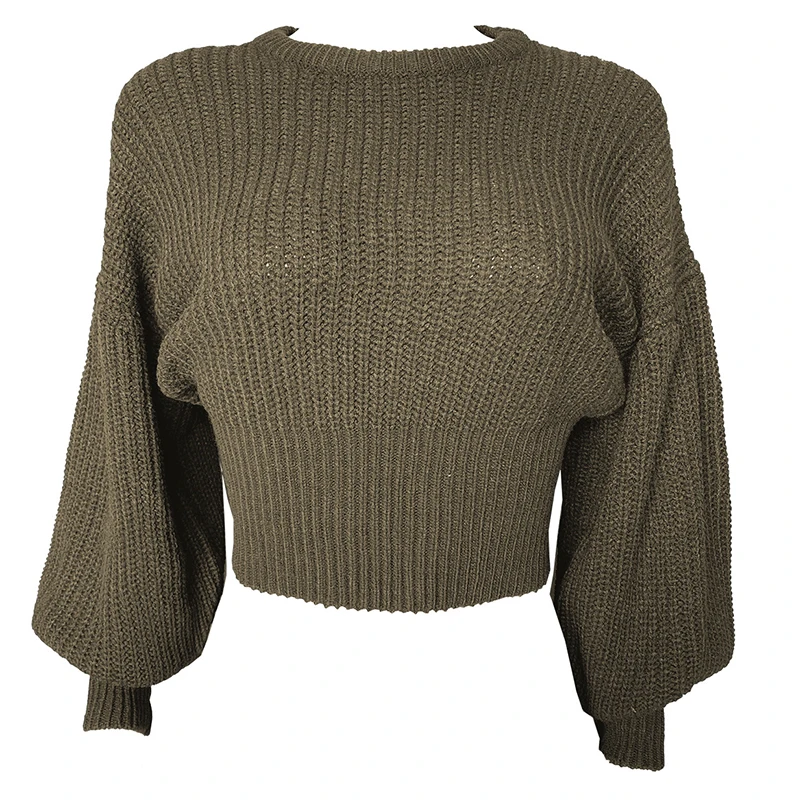 

Women Autumn Lantern Sleeve Short Knitted Sweater Winter Casual Solid Color Loose Round Neck OL Female Pullovers Knitted Tops