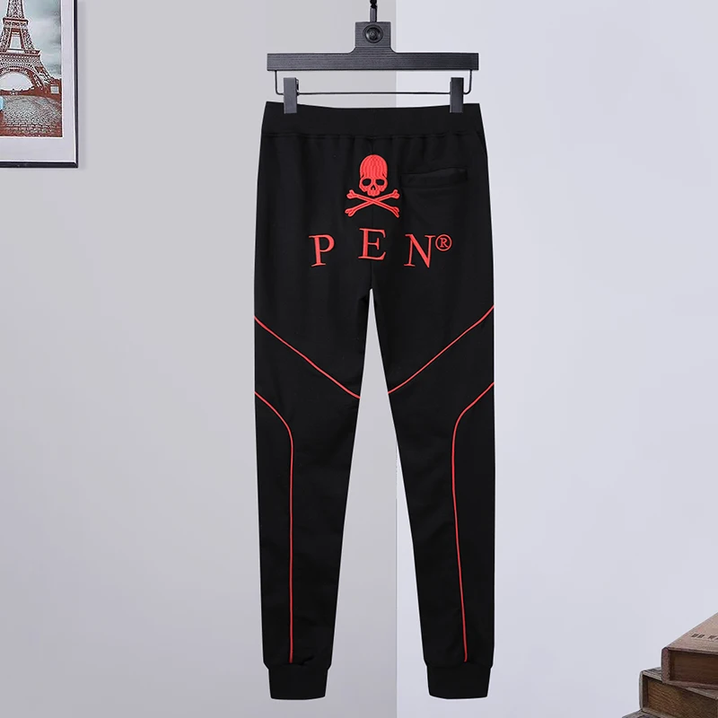 

Sweatpants Men's red thread decorative embroidery Plein trend European fashion pure cotton slim PP sports pants trousers
