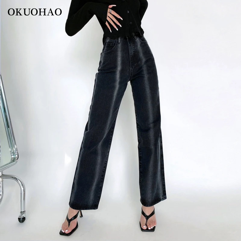 

Okuohao Black Straight Leg Jeans Women High Waist Cotton Denim Mom Baggy Pant Autumn Winter Casual Wide Leg Jeans Loose Trousers