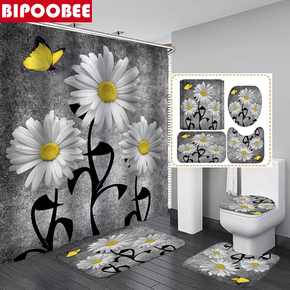 

White Flower Printed Shower Curtain Yellow Butterfly Bathroom Curtains and Bath Mats Rugs Toilet Lid Cover Washroom Home Decor