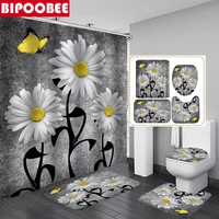 White Flower Printed Shower Curtain Yellow Butterfly Bathroom Curtains and Bath Mats Rugs Toilet Lid Cover Washroom Home Decor