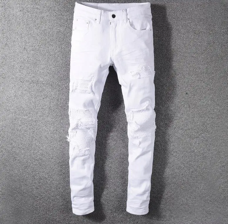 Distressed White Mens Biker Jeans Knee Ripped Patches Stretch Denim Skinny Hip hop Pants Slim Trousers Size 28-40 #592