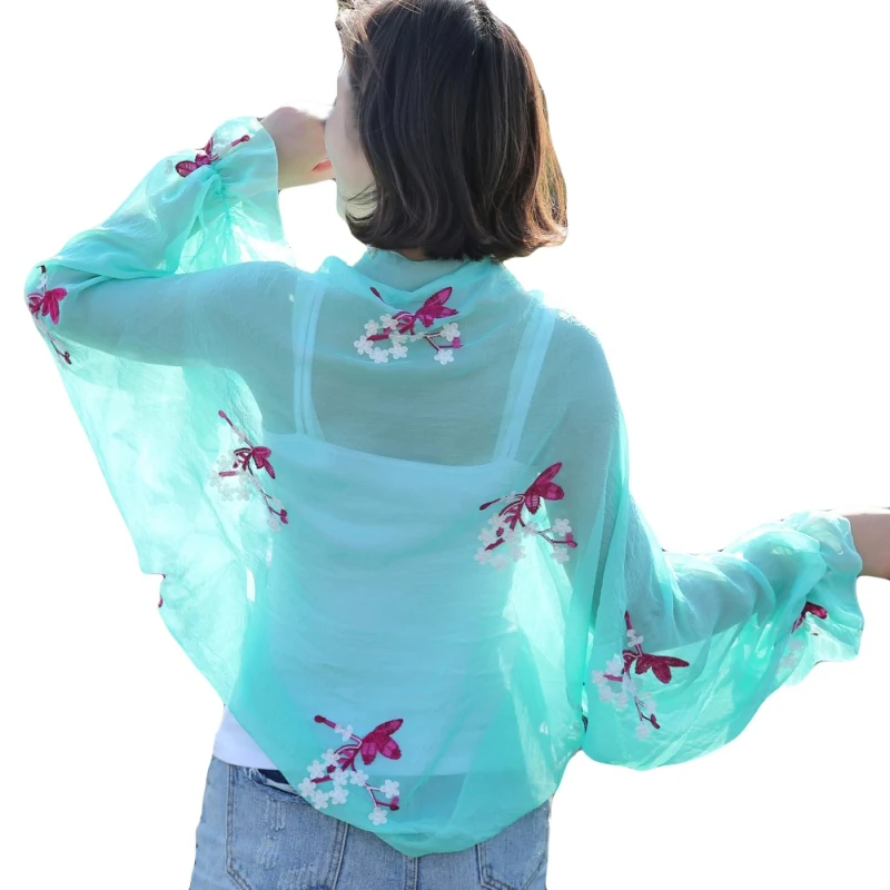 

Women Girls Long Sleeve Summer Sun Coat Mesh Breathable Chiffon Shawl Riding Beach Sunscreen Shade Cover