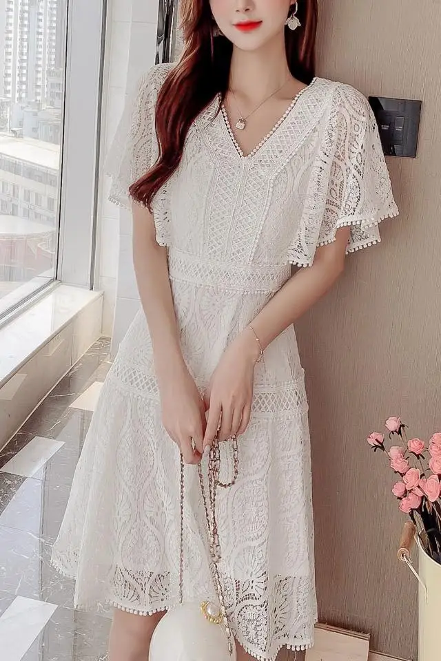 

COIGARSAM Sexy Lace Women dress Summer Fashion V-Neck Dresses White Black 8020