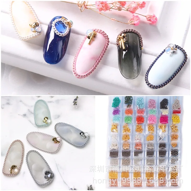 

6 Grids/Pack Multi-colored All Various Shapes Chains Ring Buckle Metal 3D Studs Nail Art Alloy Decorations Manicure DIY HY