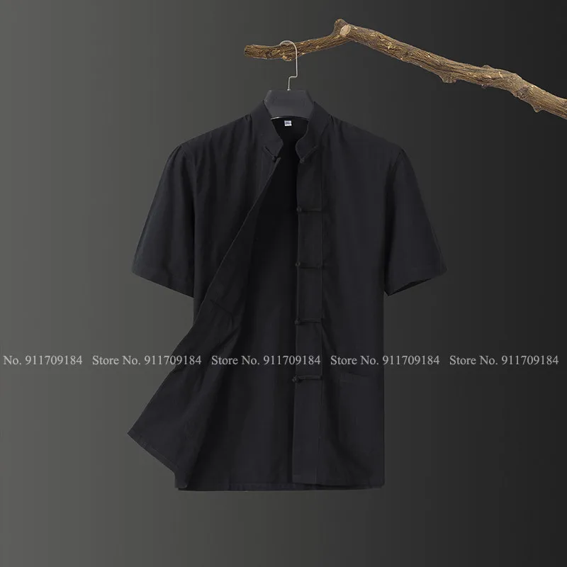 Chinese Style Men Short Sleeve Tops Tang Suit Retro Cotton Zen Tea Shirt Cheongsam Linen Casual Loose Blouse Oriental Clothing |