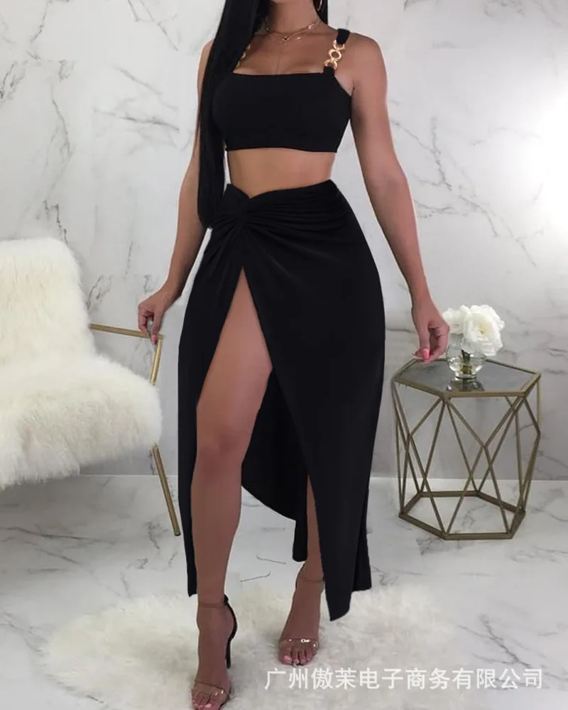 

Летний женский костюм из двух предметов, топ на бретельках и юбка, модный костюм средней длины с узелком из двух предметов