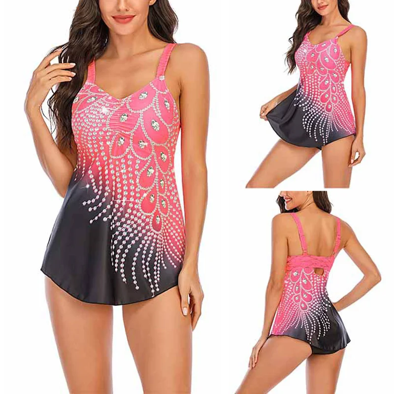 

Women Two Pieces Swimsuit Set Printed Contrast Color Backless Bikini Set Padded Bathing Suit TT@88
