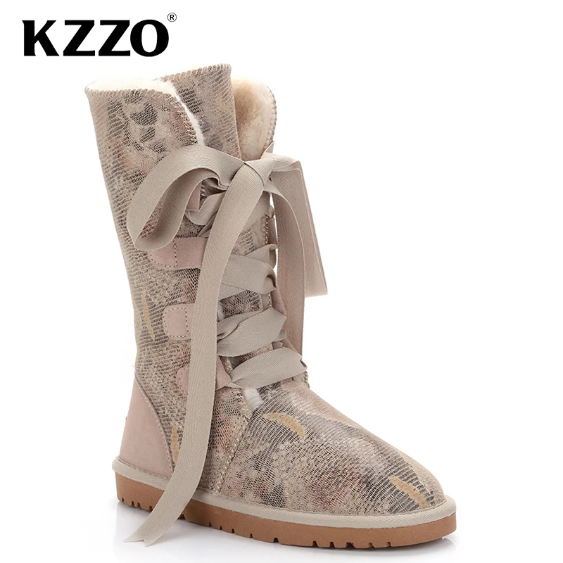 

KZZO Top Quality Natural Wool Lined 100% Genuine Leather Winter Snow Boots For Women Casual Knee-high Boots Warm Shoes Non-slip