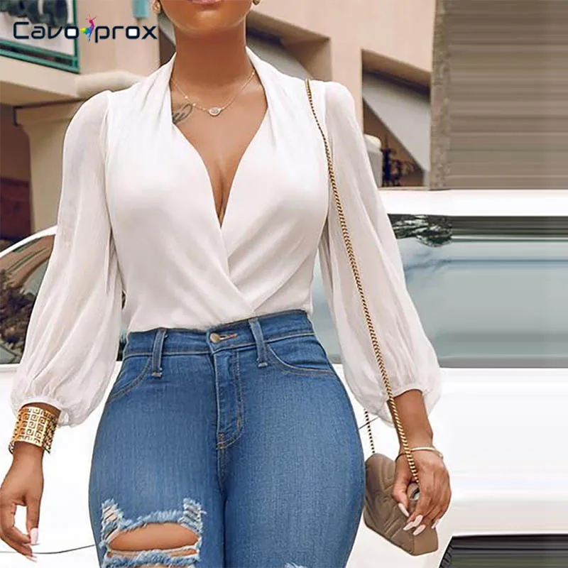 Женские шифоновые боди с длинным рукавом и v-образным вырезом сексуальные