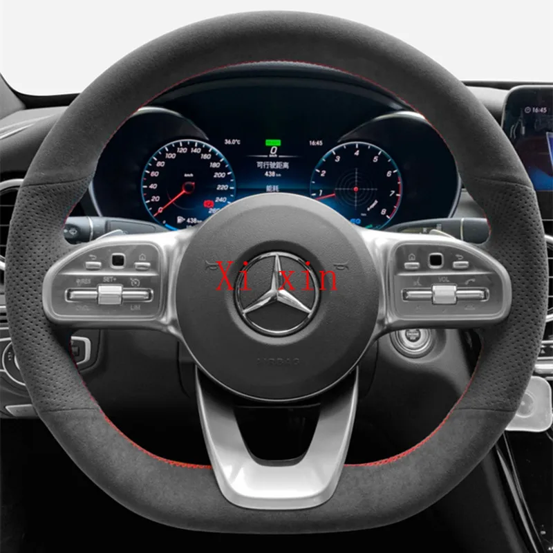 

For Mercedes-Benz GLC C/E Class C260L E300L A200L GLE DIY Custom black suede carbon fiber hand-sewn car steering wheel cover