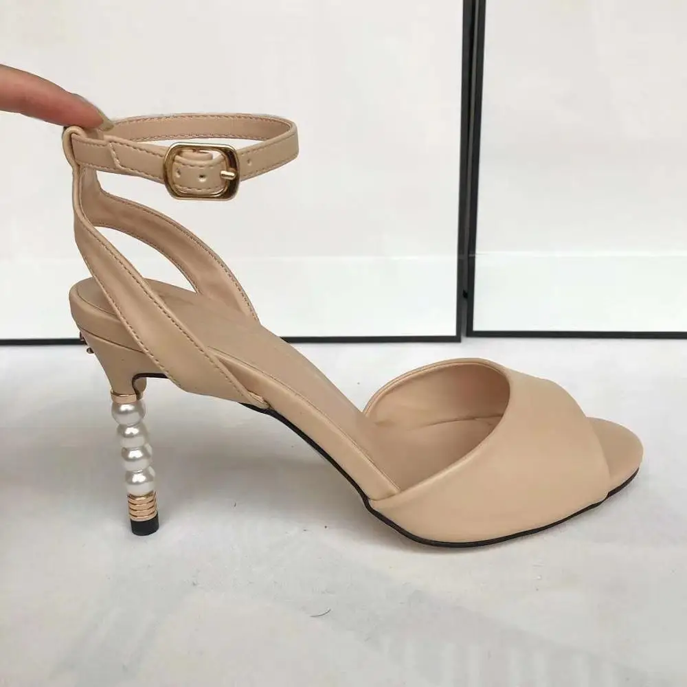 

Beige Black Women Gladiator Sandals Fashion Pearl High Heels Pumps Female Buckle Strap Dress Wedding Shoes Zapatos De Mujer