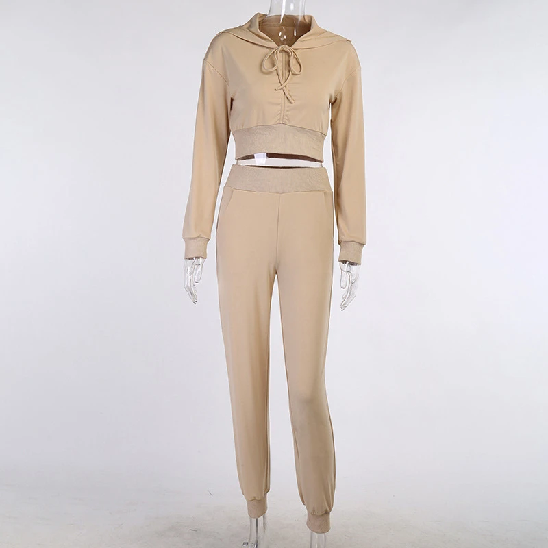

Fashionsta Casual Solid Tracksuit Sexy Two Pieces Set Long Sleeves Drawstring Shirt And Trousers Summer Autumn Clothes For Women