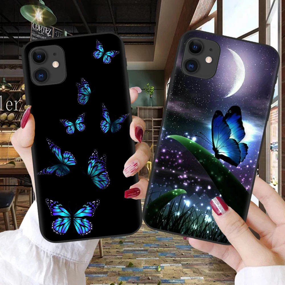 Красивый чехол для телефона с синей бабочкой iphone 11 12 Pro Max Мягкая силиконовая