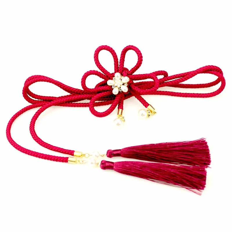 Kimono Yukata Sash Round Obi Obijime Cord Handmade Knot Bead Tassel Red Rose Yellow Waist Belt Hanfu Outfit HW076