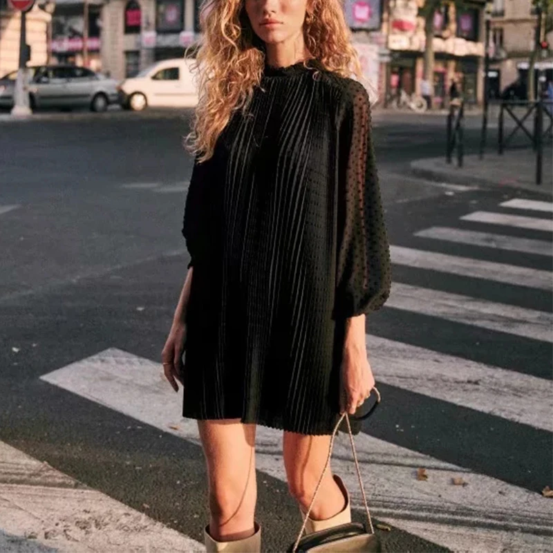 Женское жаккардовое плиссированное платье ZA черное Сетчатое Прозрачное с