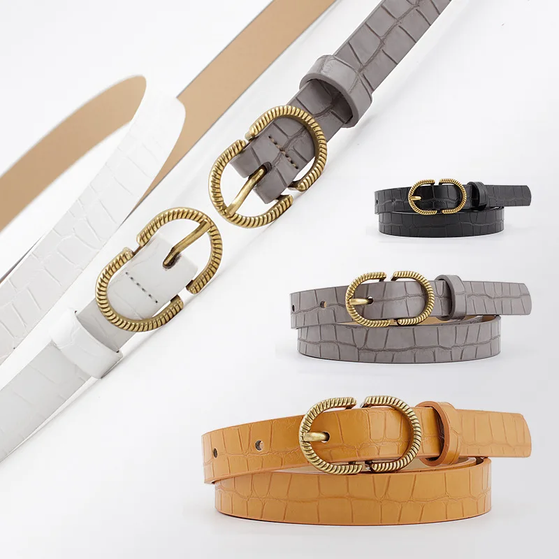 

Ремень с пряжкой Женский, Узкий кожаный пояс с золотой пряжкой, чёрный/белый