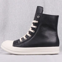 new season man fashion contrast hi top sneakers genuine leather black white lace up side zip round toe thick sole shoes