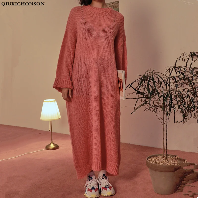 Женское осеннее платье свитер размера плюс 2019 корейское с круглым вырезом