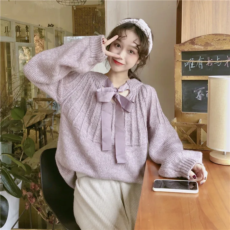 purple sweater RUGOD/Новинка года, женский осенний свитер или кружевная рубашка, милая, на шнуровке, с двумя боковыми носками, Свободный пуловер, свитер, Модная Тонкая футболка с подкладкой - Цвет: purple sweater