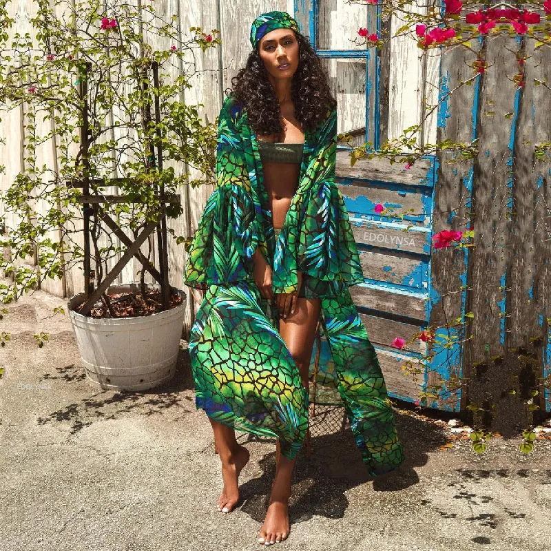 

2021 Boho Print Bikini Wrap Cover-ups Sexy Flare Sleeve Self Belt Summer Women Kimono Dress Beach Wear Swim Suit Cover Up Femme