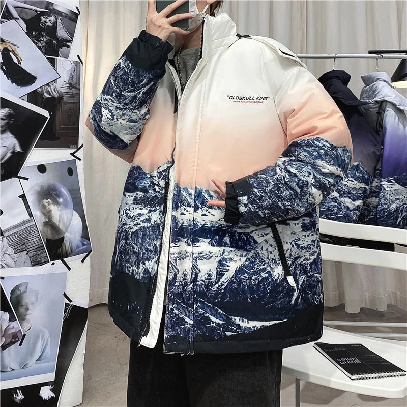 

New Fashion Gradient Color Snow Mountain Graphic Thicken Men Winter Coat Oversize Parkas Harajuku Korean Style Male Warm Jacket