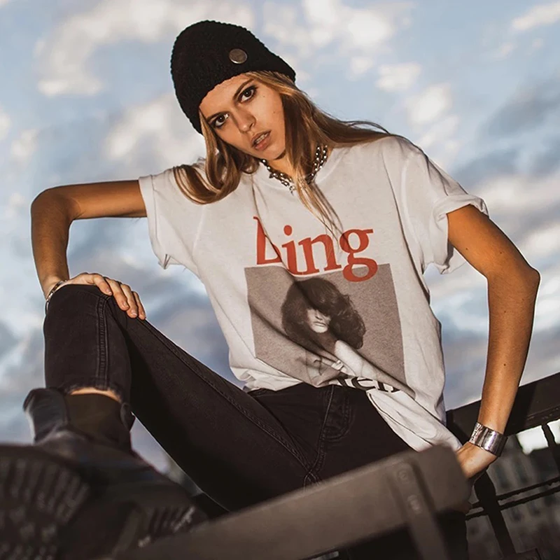 

Rowling Logo Print Graphic Tees Women Summer O Neck Short Sleeve Cotton Chic T-Shirt Casual Vintage Casual Tshirts Tops 2021