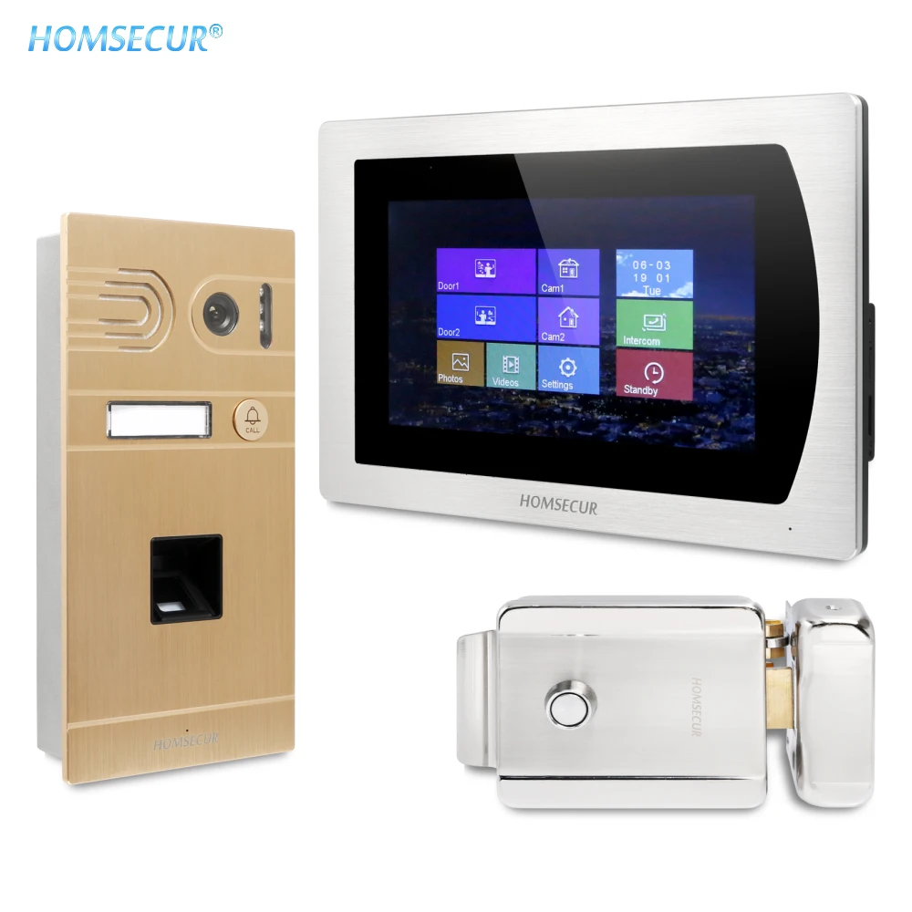 

HOMSECUR 4 Wire 7" Video Door Intercom System with Touch Screen Monitor IP65 Camera Fingerprint Unlock Fail Secure NO Mode Lock