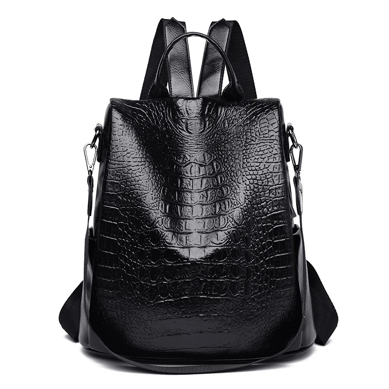 

2021 New Fashion Ladies PU Soft Leather Backpack Crocodile Pattern Large Capacity Simple Bag Trendy Motorcycle Handbag Winter