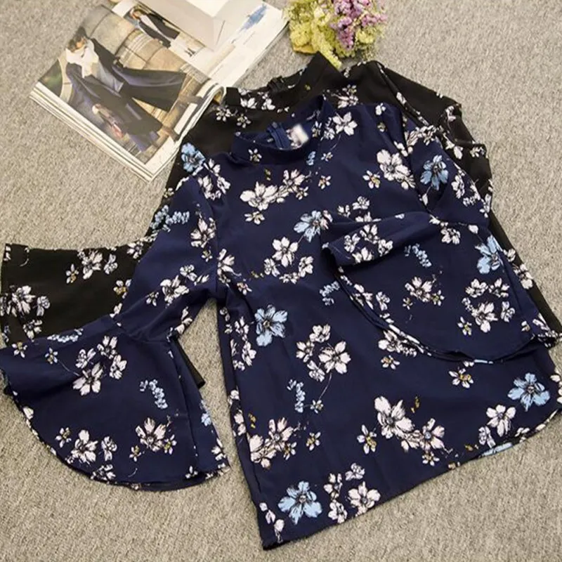 Женская Осенняя шифоновая блузка с цветочным рисунком рубашка расклешенными