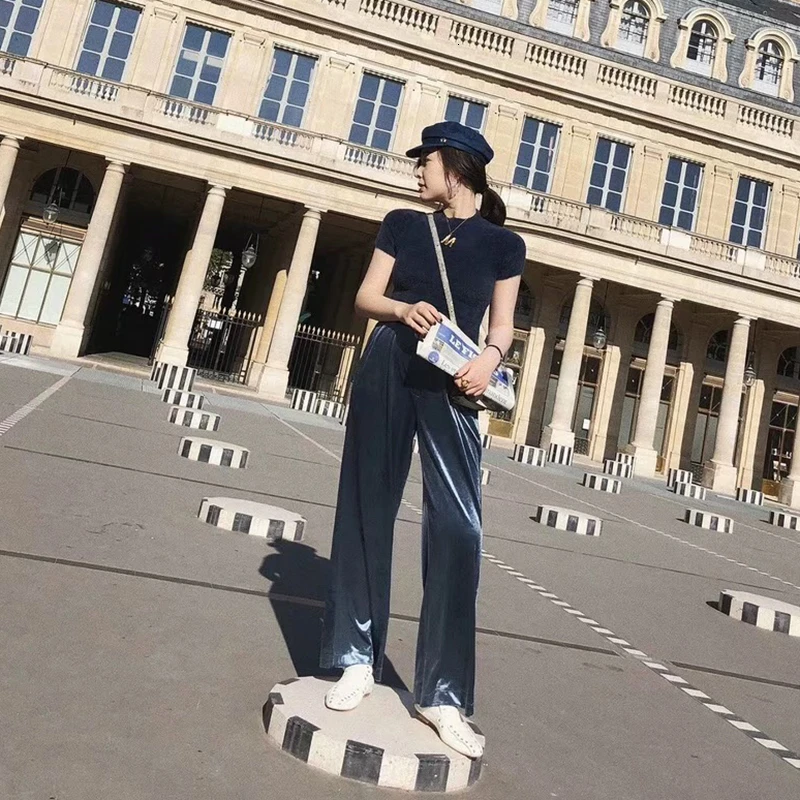 TWOTWINSTYLE бархатные элегантные женские брюки с эластичной высокой талией широкие