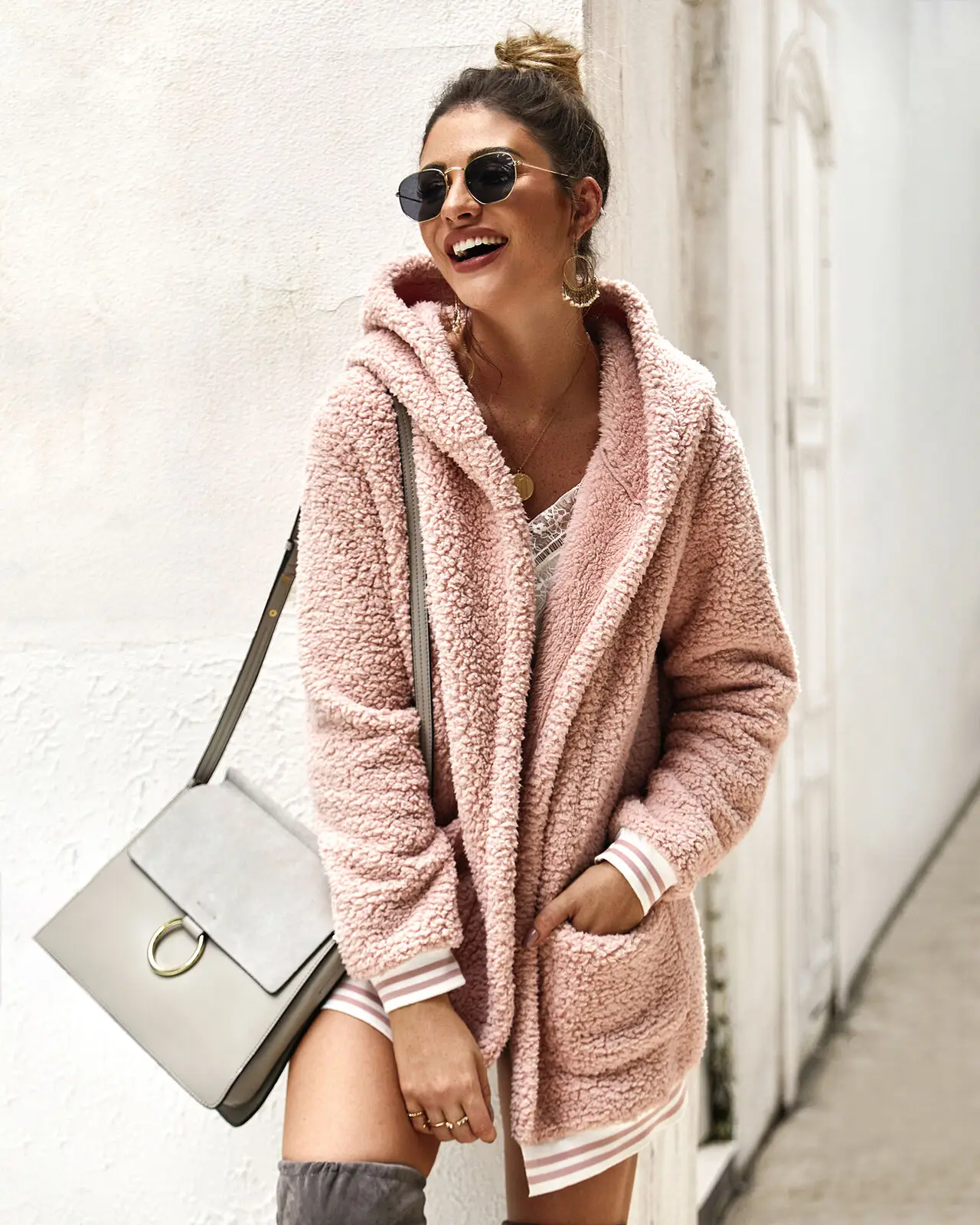 

Womens Coat Hoodied Long Sleeve Striped Spliced Plush Thick Warm Solid Color Cardigan Pocket Long Coat New