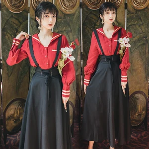 2019 Новая модная женская одежда ретро рубашка + платье на бретелях Женский комплект 2 шт.