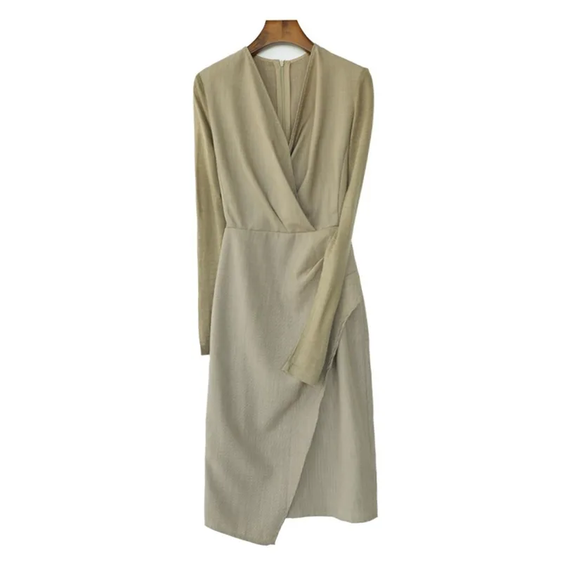 

French Temperament Vintage Dress Female 2021 Spring Autumn Women Fashion New High Waist V-neck Slim Base Midi Dresses Y427