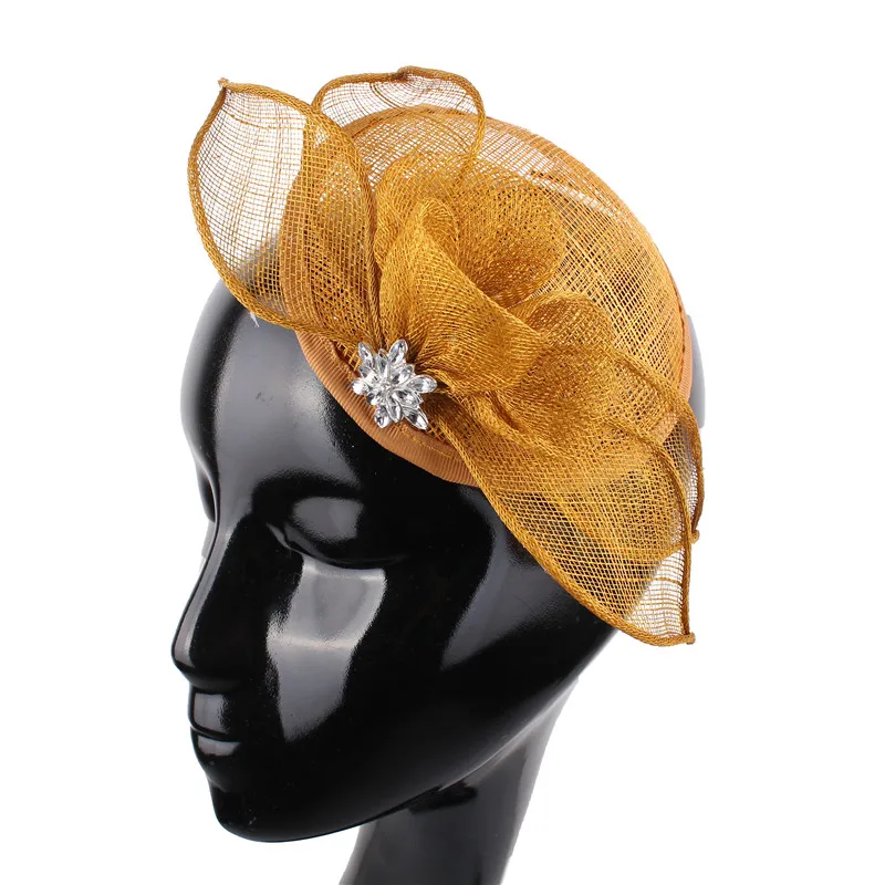 

Sinamay Wedding Gold Fascinator Hats Women Elegant Fashion Fedora Hairpin Bride Wedding Millinery Cap Fancy Feather Headwear