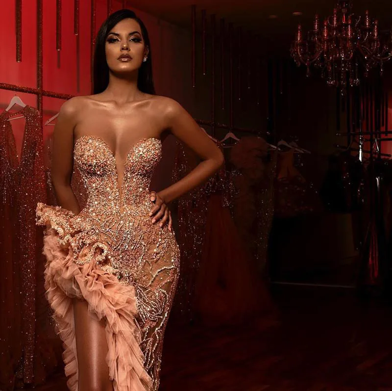 Aso Ebi Шампань Румяна платье русалки Выпускной 2020 блестящие бисерные оборки с