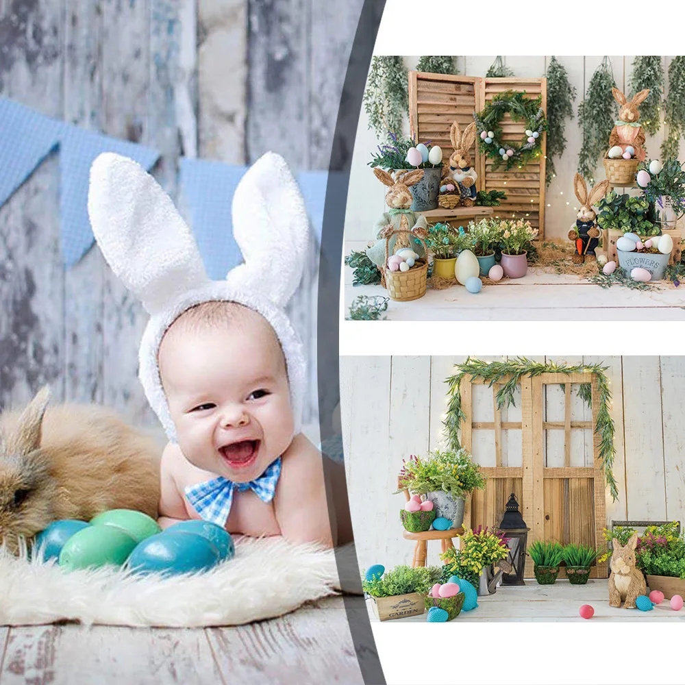 

Easter Backdrops For Photography Spring Flowers Rabbit Eggs Bucket Gray Floor Baby Party Photozone Photo Background