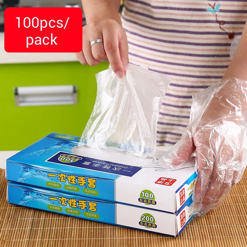 

100pcs pack Disposable Gloves PE Transparent Kitchen Cooking Gloves
