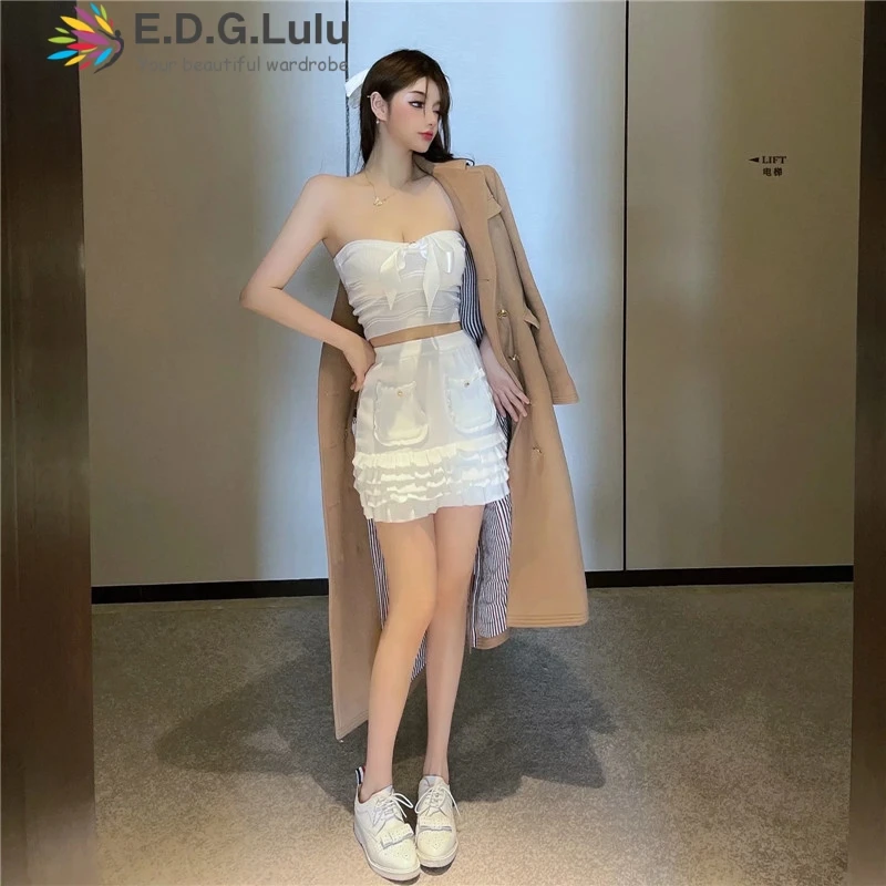 

EDGLuLu Two Piece Set Women Skirt Backless Strapless Bow Crop Top And High Waist Cascading Ruffle Skirt Skinny Clubwear 0309